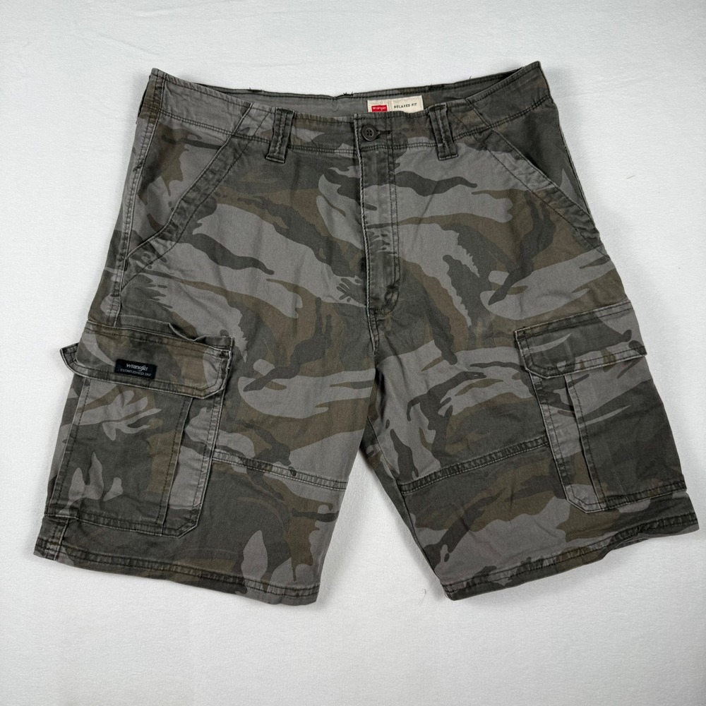 Wrangler Cargo Shorts 34 Gray Camo Tiger Stripe Relaxed Fit Gorpcore Utility